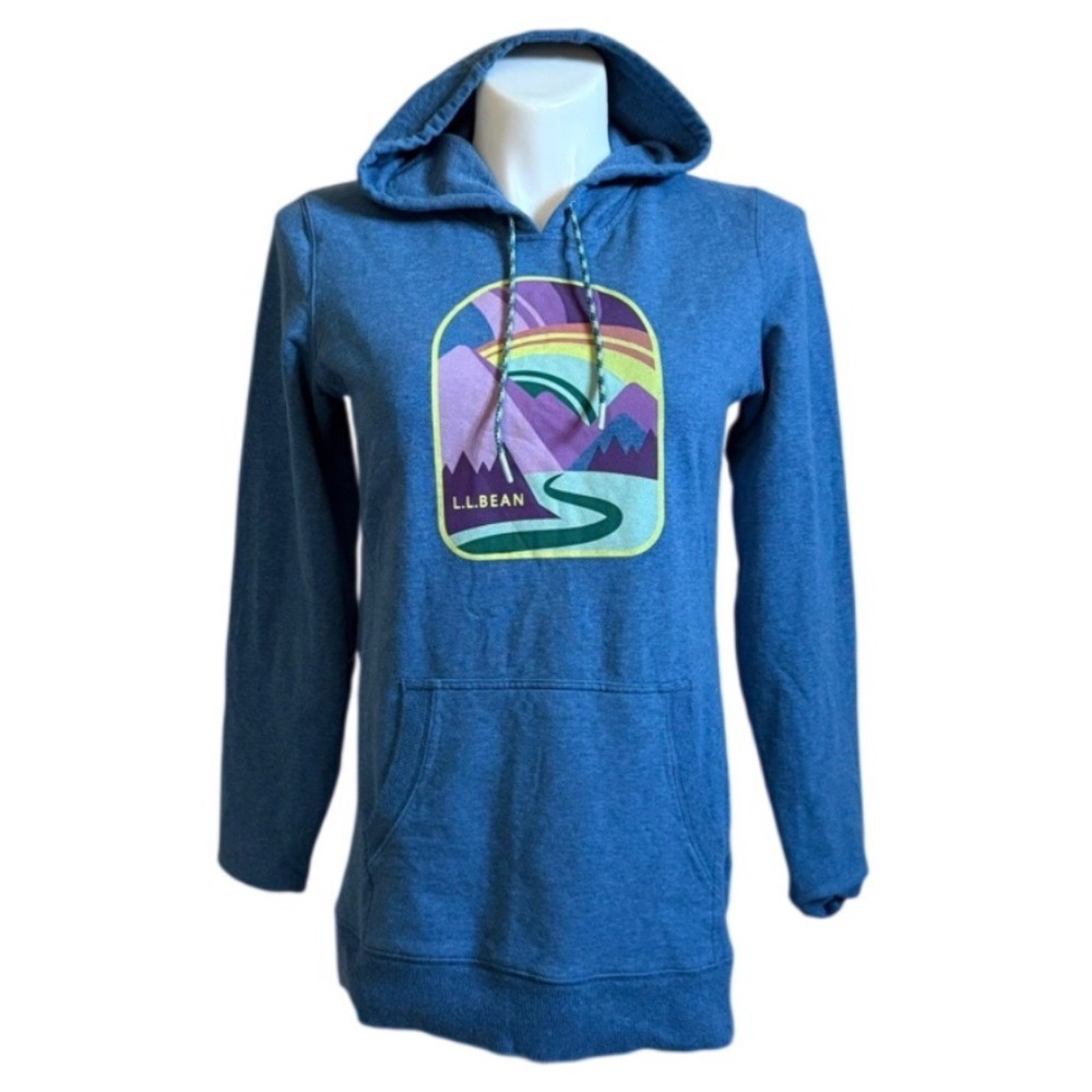 LL Bean Womens Blue Heather Mountain Graphic Longline Hoodie Sweatshirt Medium